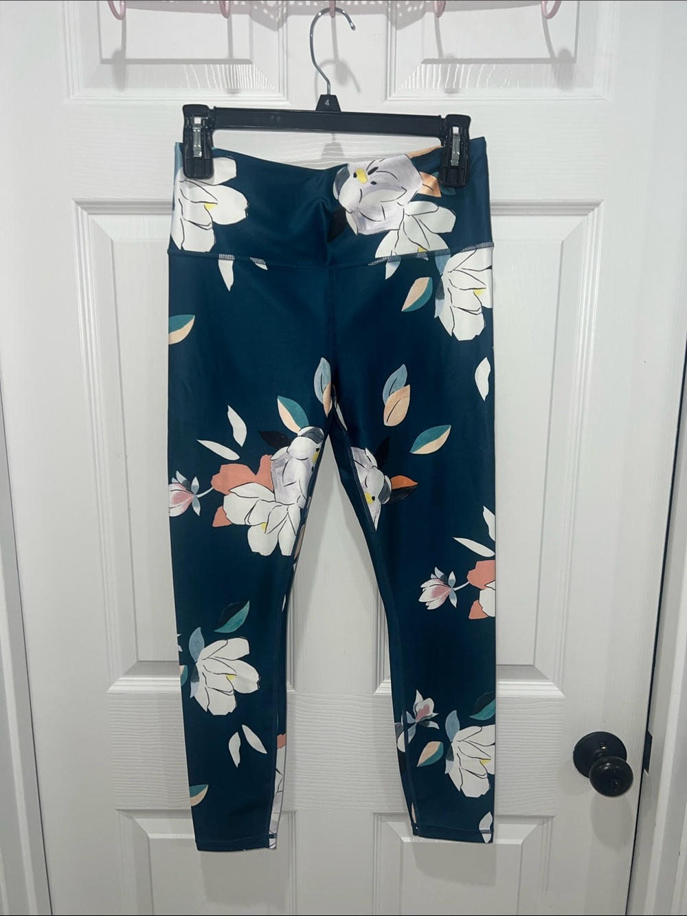 Athleta' Teal Floral Leggings with White & Coral Blooms